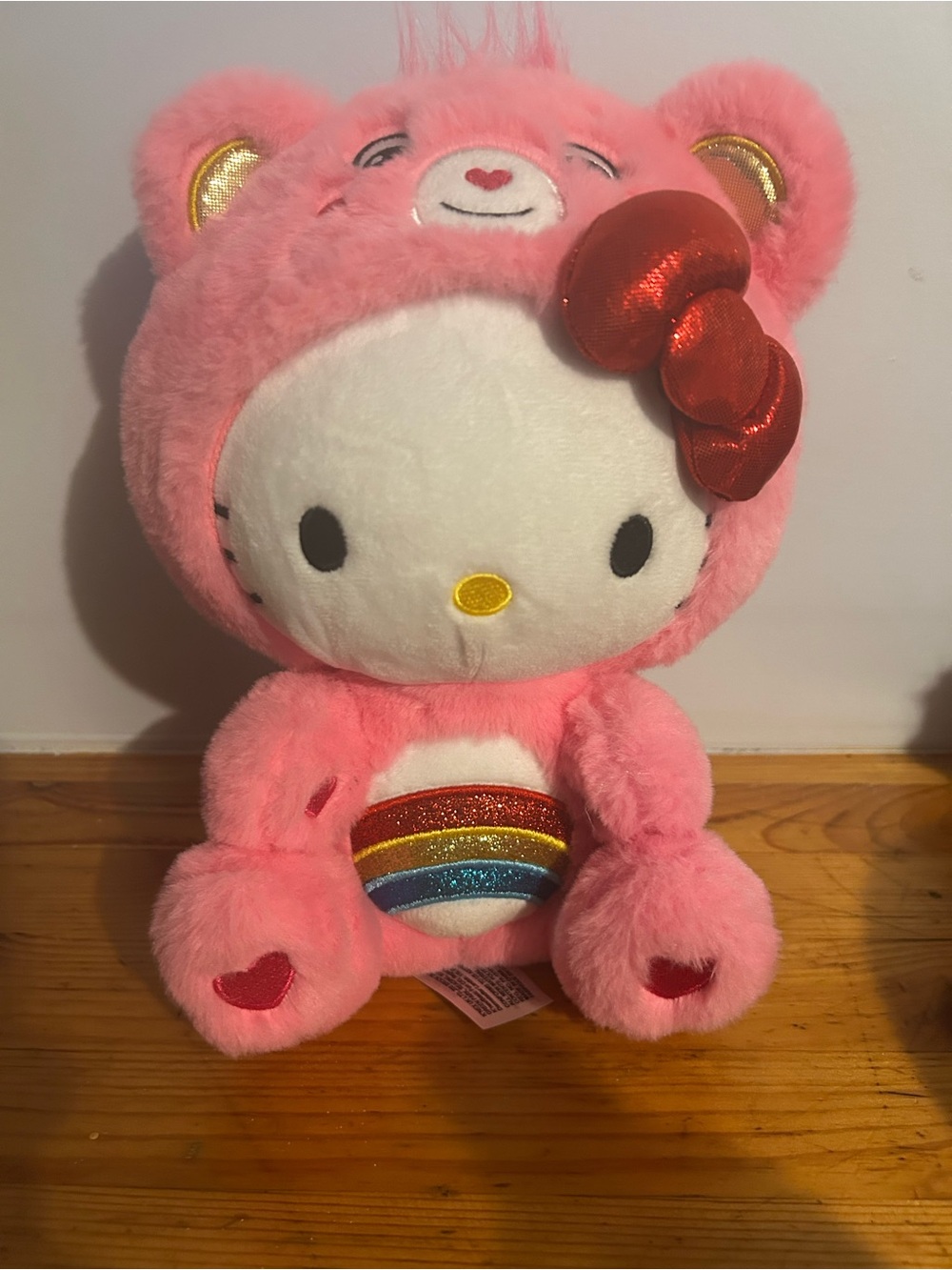 Care Bears Pink Plush Toy with Red Bow and Rainbow Belly